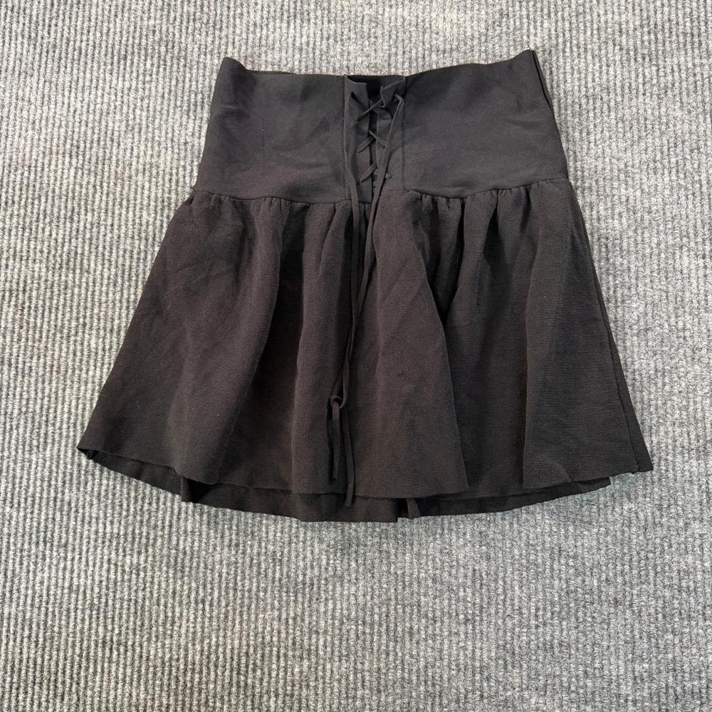 Zara Women Knit Lace Up Corset Mini Skirt Medium Black Flared Pleated